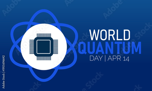 World Quantum Day on April 14: Quantum computing concept with microchip icon and atomic orbit graphic with Blue Background