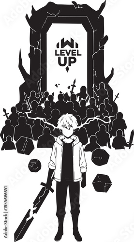 Black and white video game character illustration with Level Up portal