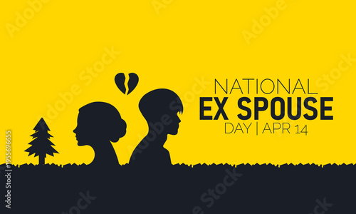 National Ex Spouse Day: Silhouettes of separated man and woman with broken heart and tree on yellow background with Tree Silhouette