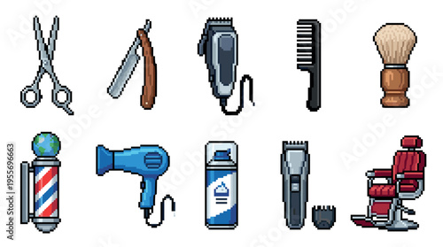 Pixel art barbershop tool and equipment set featuring scissors, a razor, clippers, and a chair in a retro 8-bit video game style illustration for a salon or hairdresser