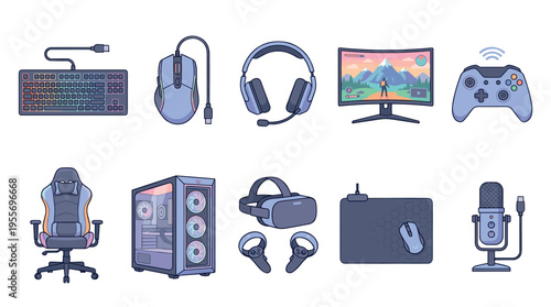 Collection of gamer computer peripherals and equipment including a keyboard, mouse, headset, monitor, and PC tower in a flat cartoon illustration style for esports and streaming