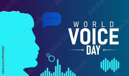 World Voice Day celebration graphic with microphone icon, sound wave, and equalizer bars on dark blue background, Voice Actor