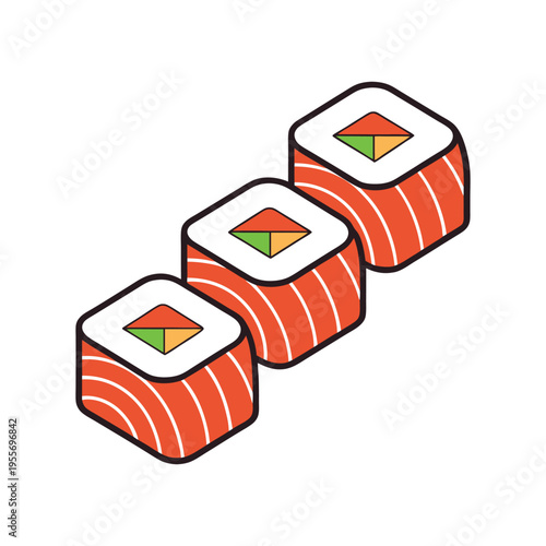 Abstract flat design illustration of three maki rolls arranged in a diagonal line