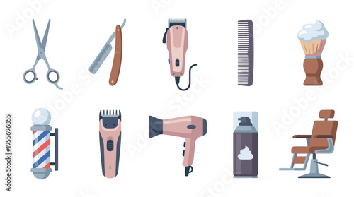 Barbershop tools and hairdressing equipment set including scissors, razor, clippers, comb, shaving brush, barber pole, and chair in a flat vector illustration style for professional grooming
