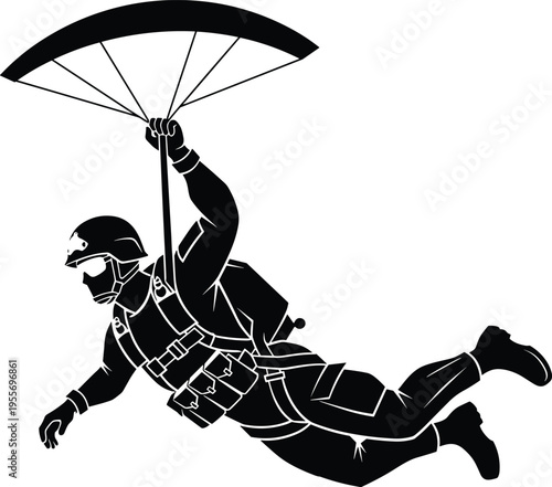 Black and white of a paraglider in mid air parachute skydiver white background