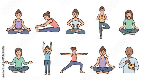 Diverse collection of illustrated people practicing yoga poses, meditation, and mindfulness exercises in a simple, clean cartoon style for health and wellness concepts