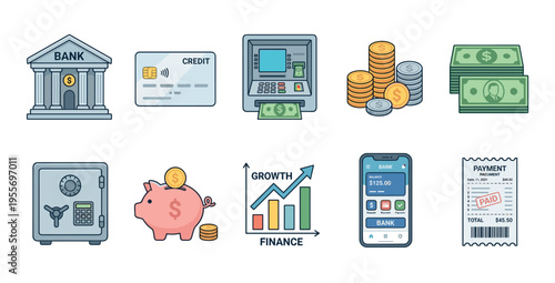Set of colorful finance and banking icons including a bank, credit card, ATM, money, safe, piggy bank, growth chart, and mobile payment illustration