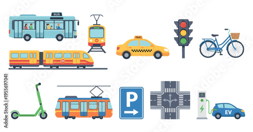 Collection of urban transport illustrations featuring a city bus, metro train, taxi, electric car, scooter, bicycle, traffic light, and road signs in a colorful flat design style