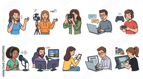 Set of illustrated people working in creative digital professions, including a vlogger, gamer, podcaster, photographer, journalist, and graphic designer using modern technology