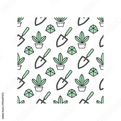 Seamless repeating pattern of gardening tools and potted plants for creative projects