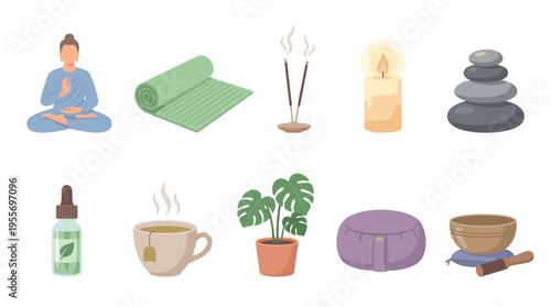 Diverse set of meditation and wellness icons featuring a Buddha figure, yoga mat, incense, candle, stacked stones, essential oil, tea, plant, cushion, and singing bowl