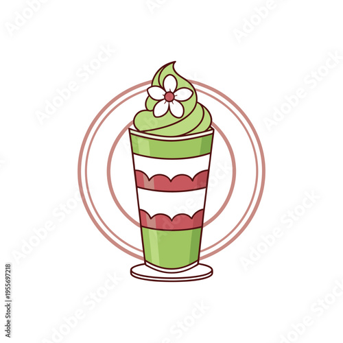 Stylized illustration of a layered green dessert with a flower decoration on top in a clear glass