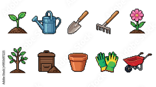 Set of pixel art gardening icons featuring a sprout, watering can, trowel, rake, flower, tree, compost bin, pot, gloves, and wheelbarrow in a retro 8-bit video game style