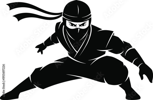 Black ninja warrior in crouching position with headband and mask