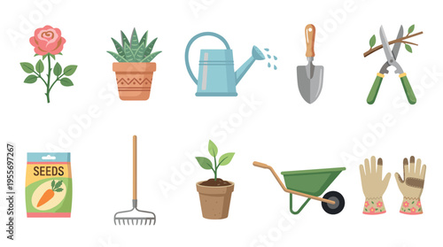 Collection of colorful gardening tools and plants including a rose, succulent, watering can, trowel, shears, seeds, rake, seedling, wheelbarrow, and gloves in a flat design illustration