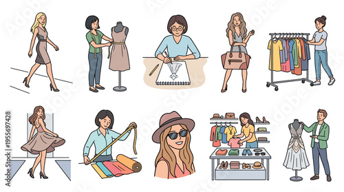 Set of hand-drawn cartoon characters involved in the fashion industry, from designers sketching and tailors sewing to models walking the runway and people shopping for new clothes