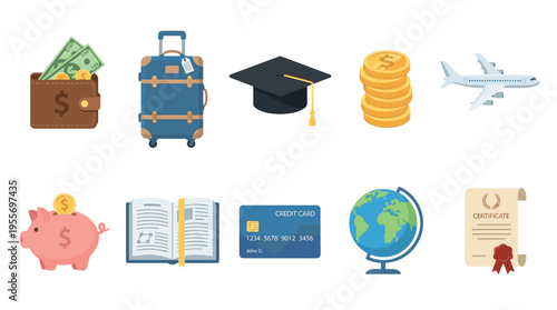 Collection of flat design icons representing saving money for education and travel, featuring a wallet, suitcase, graduation cap, coins, airplane, globe, and certificate