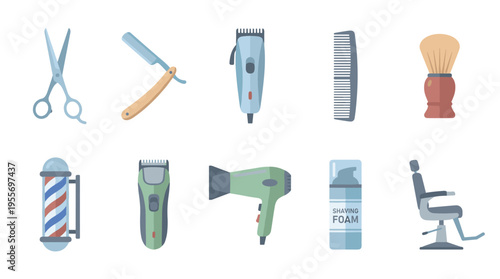 Set of professional barber and hairdresser equipment with scissors, a straight razor, clippers, a comb, a shaving brush, a barber pole, and a salon chair in a flat icon style