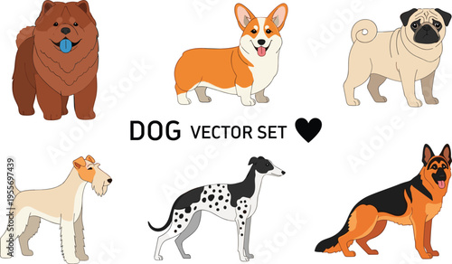 Dog Breeds Illustration Set with Chow Chow, Corgi, Pug, Terrier, Greyhound, and German Shepherd in Flat Cartoon Style for Pet Design