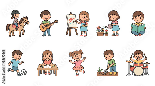 Collection of cute cartoon children characters engaged in various hobbies and activities like sports, music, art, and gardening, presented in a simple, cheerful illustration style