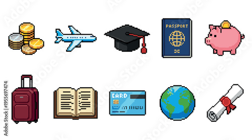 Set of pixel art icons representing travel, education, and finance concepts, including a passport, globe, airplane, graduation cap, piggy bank, and coins in a retro 8-bit video game style