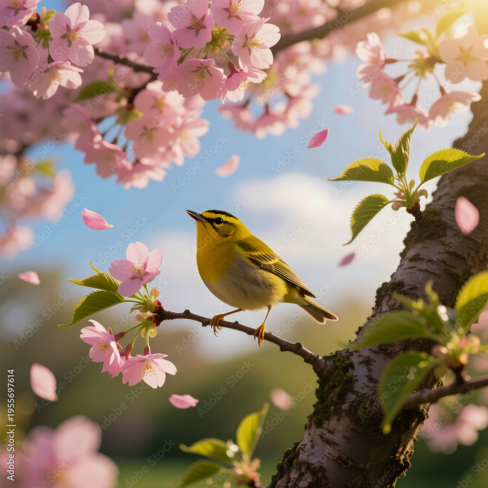 Fototapeta premium Yellow Bird Amidst Falling Cherry Blossoms in Spring