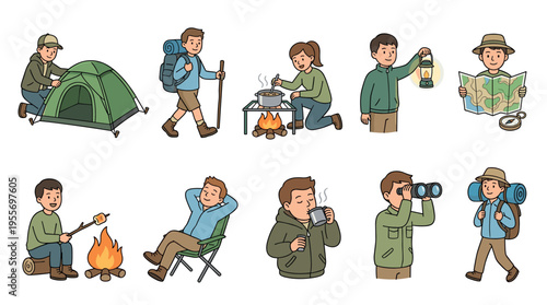 Set of camping and hiking activity illustrations showing cartoon people pitching a tent, cooking on a campfire, reading a map, looking through binoculars, and relaxing in nature