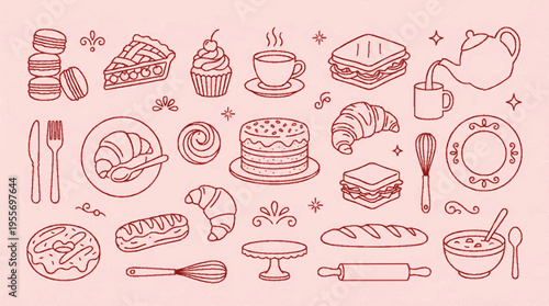 Minimalist red bakery menu clipart with cakes pastries and utensils on pink background for food design
