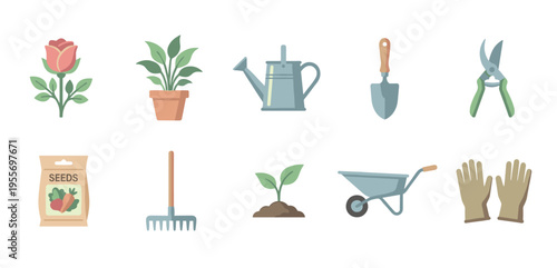 Gardening tools and plant icon set featuring a watering can, trowel, rake, shears, gloves, wheelbarrow, seedling, and rose in a simple flat vector illustration style