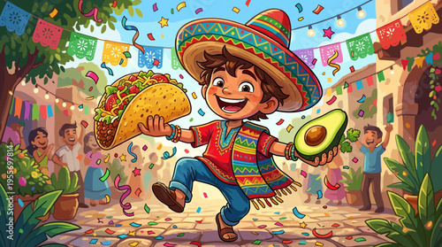 Happy cartoon boy in a sombrero and poncho joyfully dances through a festive street party while holding a giant taco and a fresh avocado
