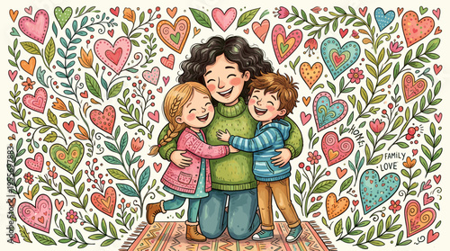 Happy cartoon mother hugging her son and daughter in a loving embrace surrounded by a whimsical pattern of colorful hearts and flowers in a cute, hand-drawn illustration style