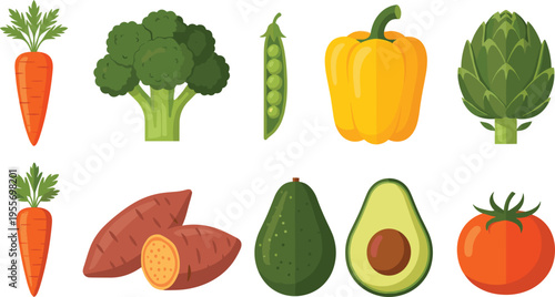 Fresh Vegetable Icon Set with Carrot, Broccoli, Peas, Bell Pepper, Artichoke, Sweet Potato, Avocado, and Tomato in Flat Style for Healthy Food Design