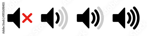 Minimalist volume level icons set including mute and sound bars for UI design.