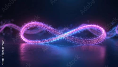 Glowing pink and blue infinity loop made of small particles curves across dark background. Digital energy stream forms endless lemniscate shape. Motion trail moves in cyberspace.