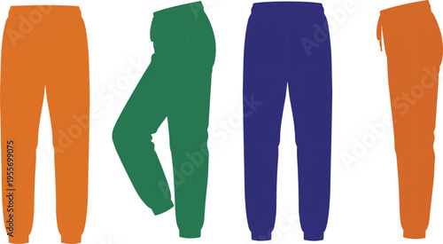 Joggers Sweatpants Silhouette Set with Front Side and Profile Views for Women and Men Sportswear Fashion Apparel Design Vector Illustration