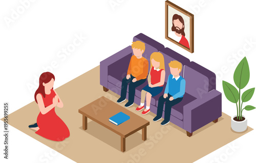 Family kneeling in prayer with children on couch woman
