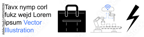 Business automation, manufacturing, Industry 4.0, robotics, wireless technology, electricity. Black briefcase robotic arm with wireless symbol and lightning bolt icon. Business automation