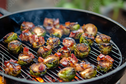 Homemade grilled Brussels sprouts wrapped with crispy bacon cooking on barbecue grill grate