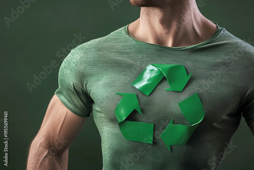 Man wearing green recycling symbol on chest promoting environmental sustainability and eco-friendly lifestyle concept
