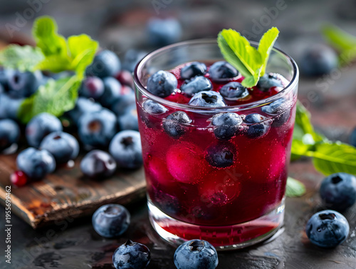 Refreshing cold blueberry juice with fresh berries and mint garnish in glass