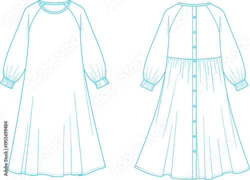 Technical Flat Sketch of Women Long Sleeve Midi Dress with Raglan Sleeves Gathering Cuffs and Button Down Back Detail Vector