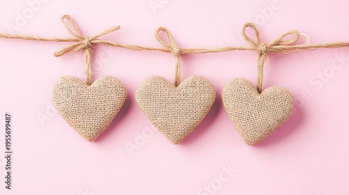 Three burlap hearts hanging on rope with bow knots against light pink background for valentines day minimalist decoration concept