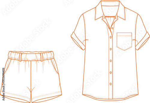 Technical Flat Sketch of Women Summer Co-ord Set Featuring High Waisted Shorts and Short Sleeve Button Down Shirt Vector Illustration
