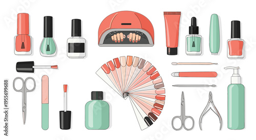 Modern flat gel nail polish kit vector icon set with coral lamp and mint bottles on white background