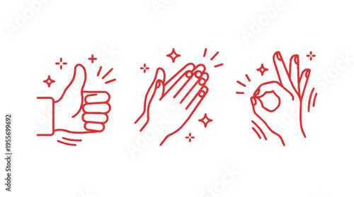 Three red hand gestures with sparkles thumbs up applause and ok sign on white background