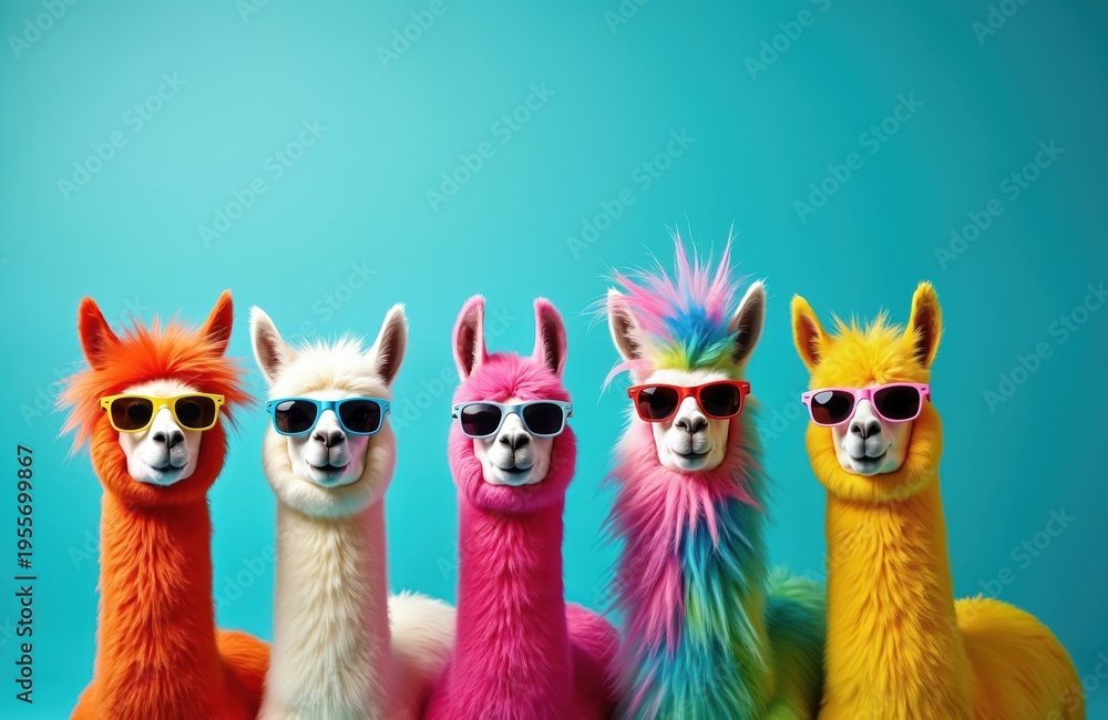Fototapeta premium Group of llamas wear colorful wigs and sunglasses against a blue background. These funny animals look ready for a party or celebration. Llamas stand together posing for photo. Funky animal concept.