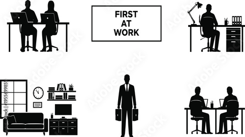 Black and white office silhouettes of people working at desks and interacting in workspace
