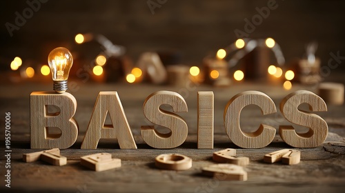 Wooden letters spelling basics with glowing light bulbs, education foundation theme, learning fundamentals, knowledge start, study motivation, warm lighting background, simple teaching message