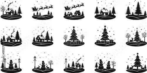 Winter Christmas silhouette scene collection featuring Santa Claus reindeer sleigh snowy cabins snowmen pine trees and snowflakes for festive holiday seasonal and greeting card design