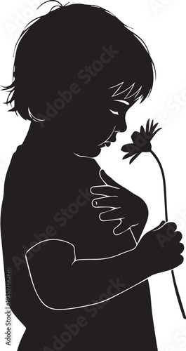 Toddler girl profile silhouette vector illustration with line art details smelling flower